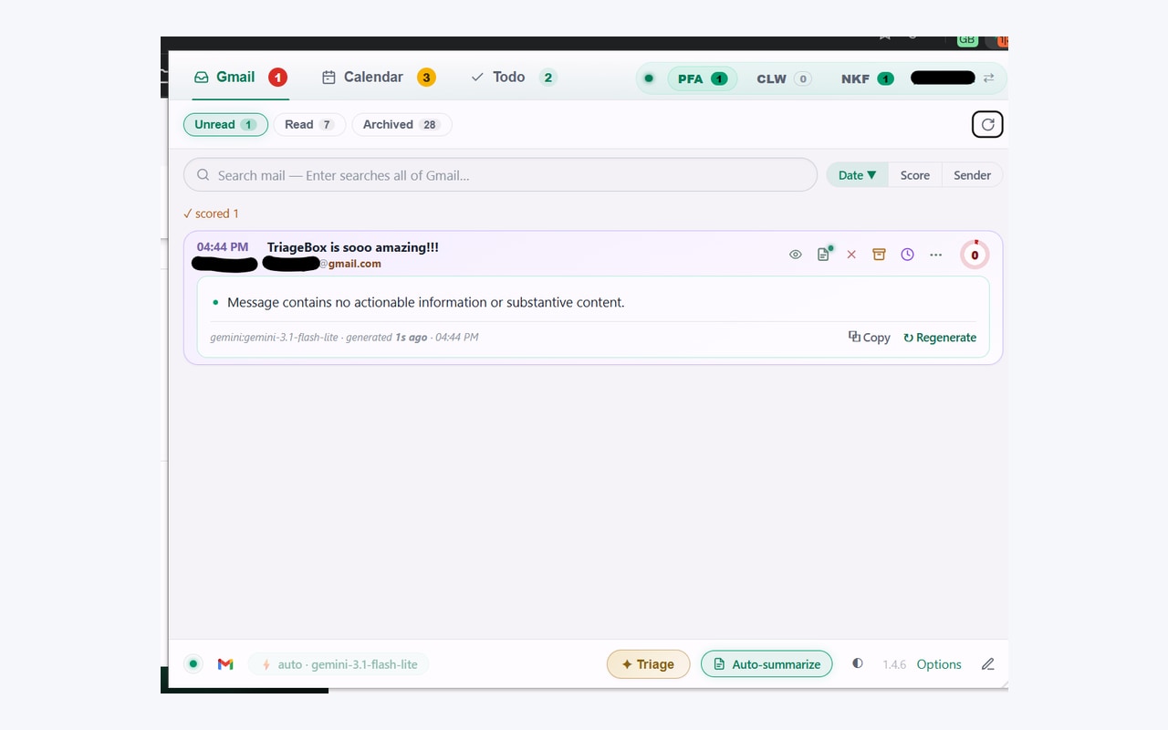 TriageBox inbox showing Gmail, Calendar and Todo tabs with an AI summary and one-click actions